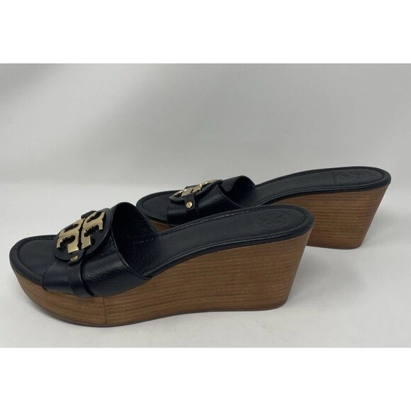 Tory Burch Patti 3 Black Pebbled Leather Wedge Sandals Size 10.5M - Picture 5 of 8